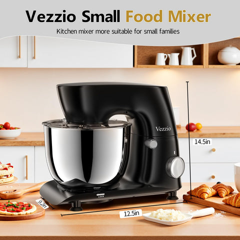 Vezzio accessories include dough hook and flat whisk for versatile mixing.