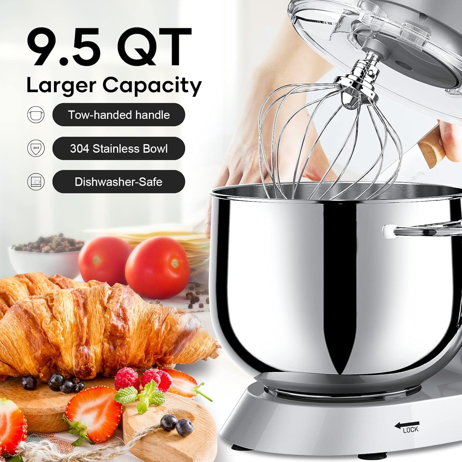 Vezzio stand mixer dough hook included for kneading breads and pastries.