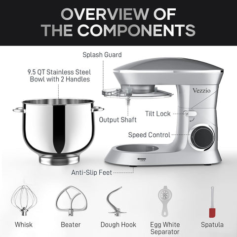 Vezzio stand mixer flat beater for thorough batter mixing.