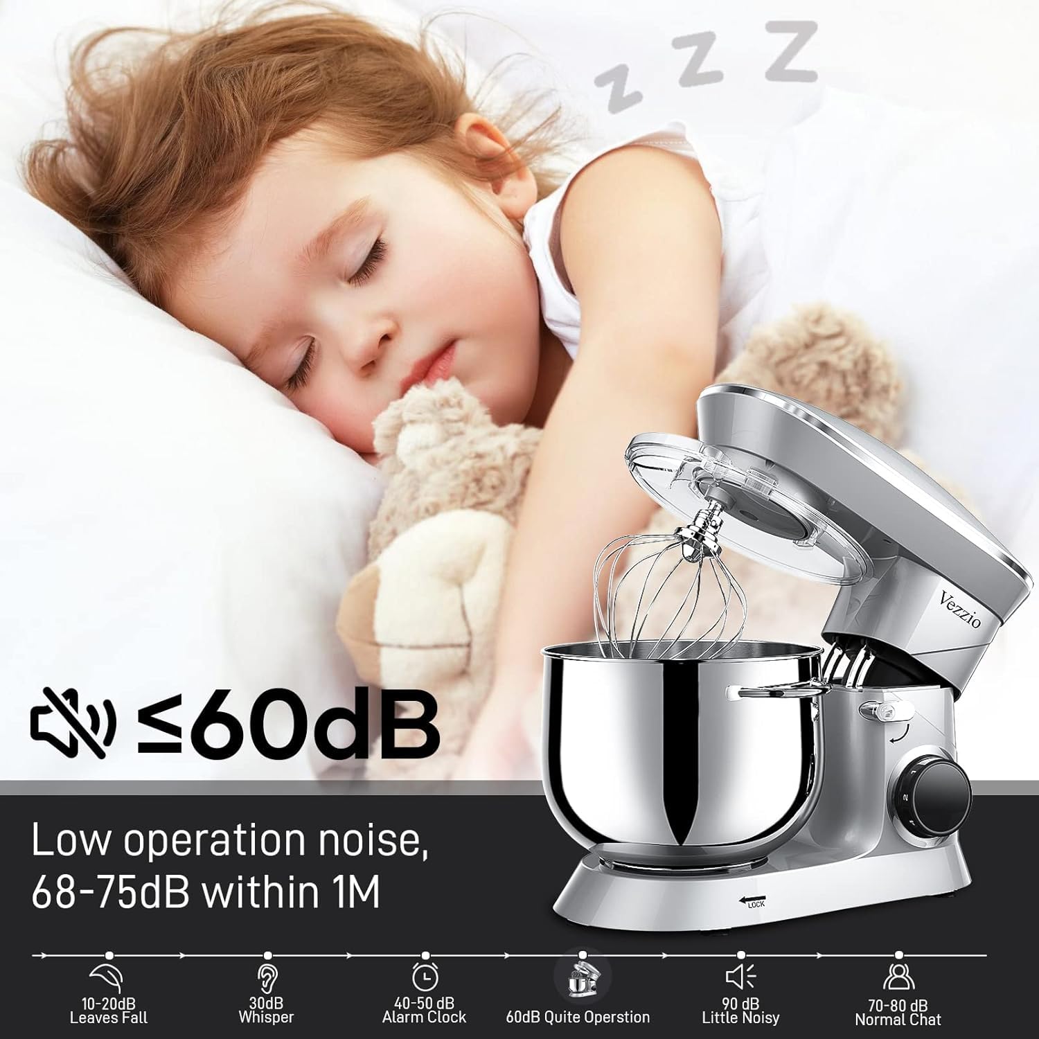 Vezzio stand mixer with stability base and suction cups for quiet operation.