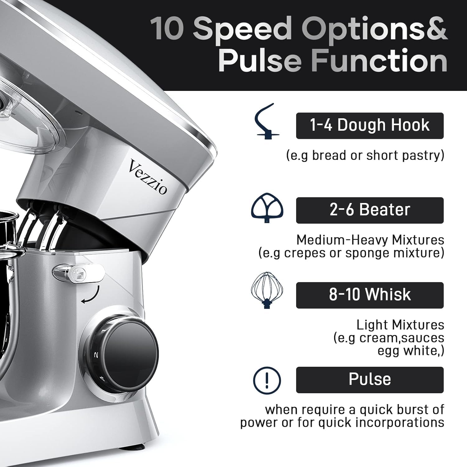 Vezzio stand mixer whisk for airy whipped toppings and creams.