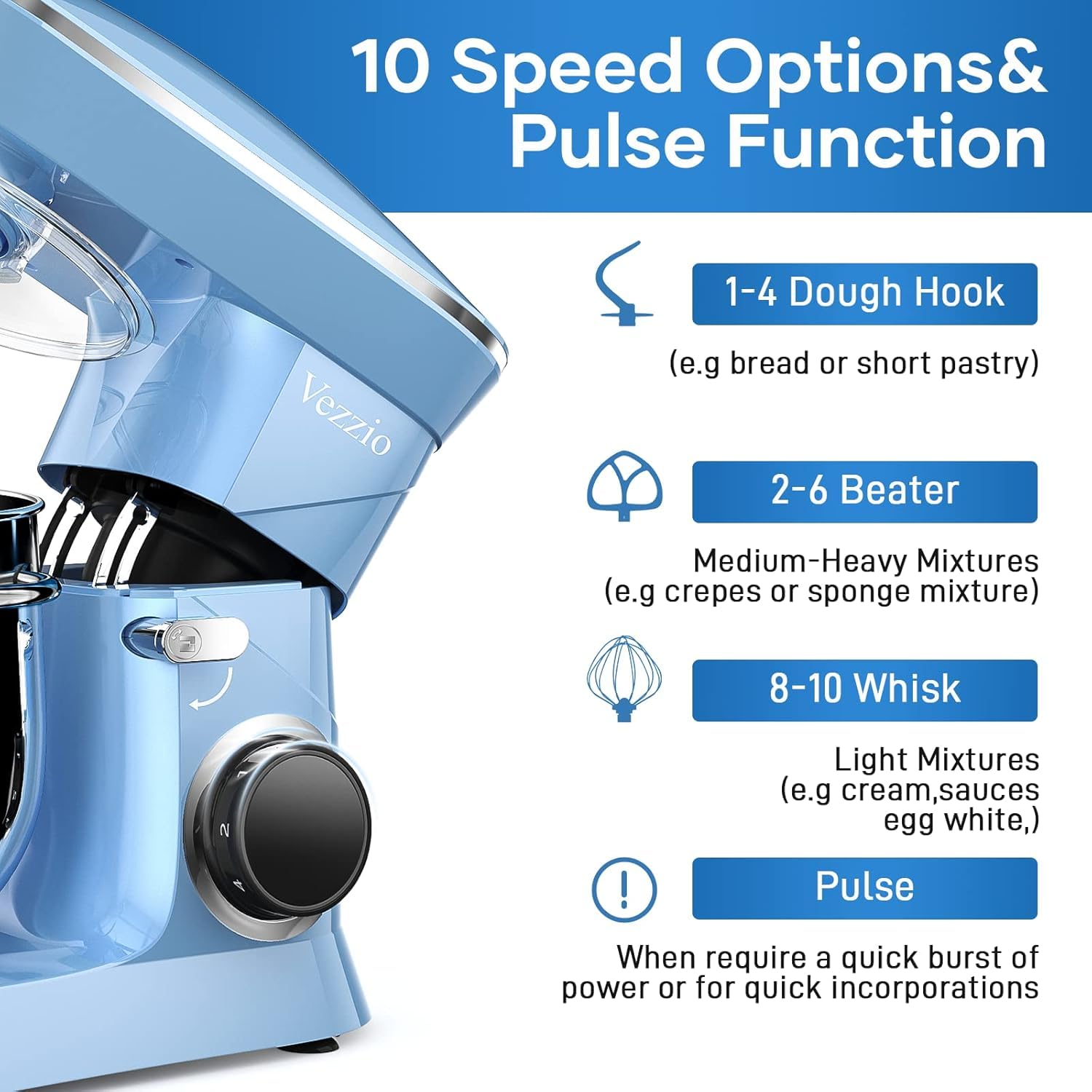 Tilt-head design enables easy addition of ingredients and quick cleanup