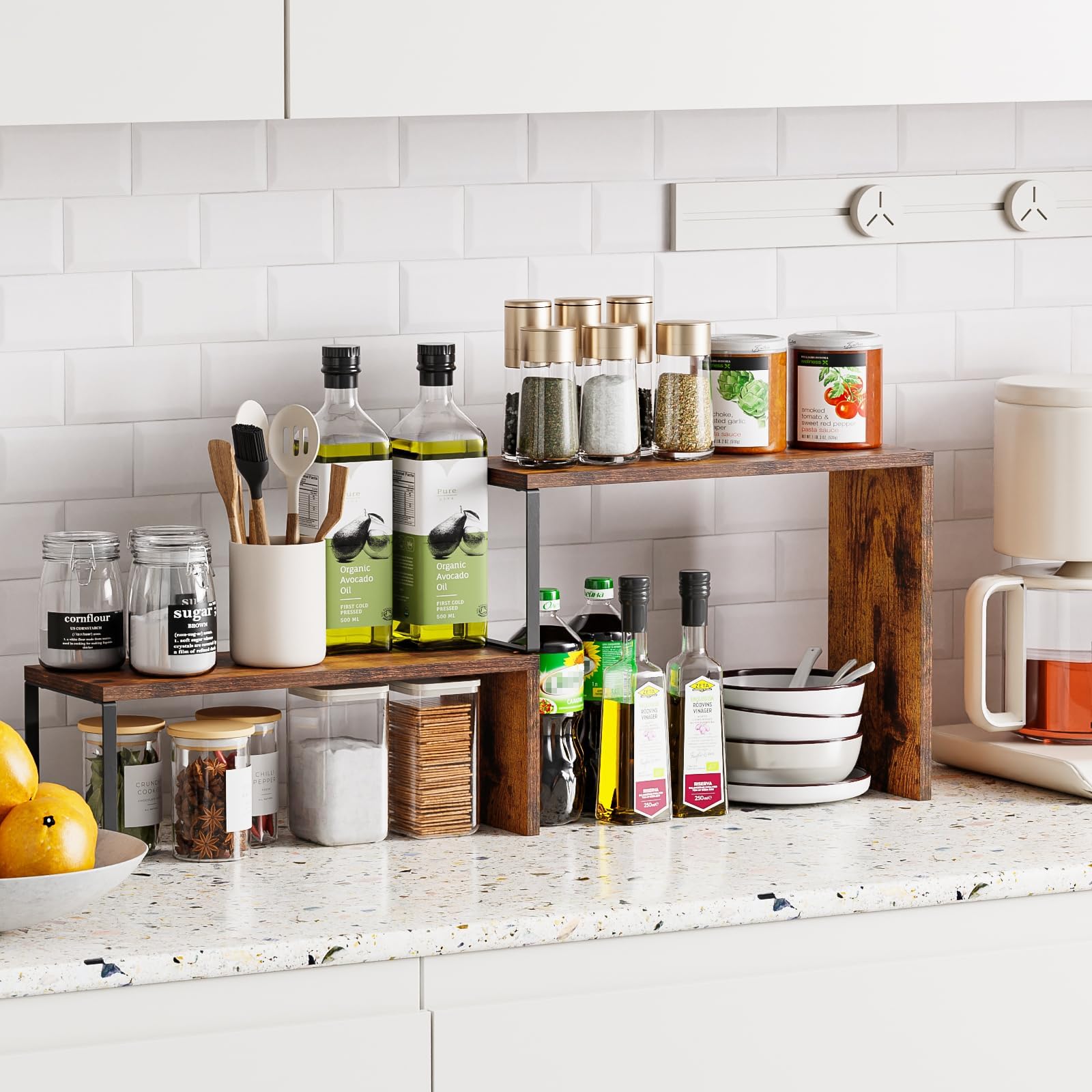 Vfelf coffee station organizer keeps mugs and beans reachable.