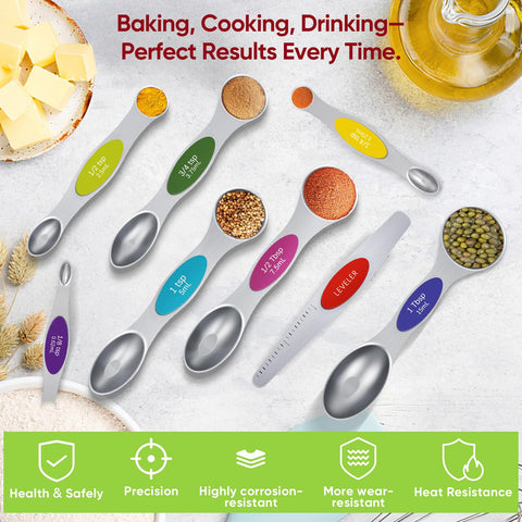Vfuni 8-piece set includes leveler for even dry ingredient leveling.