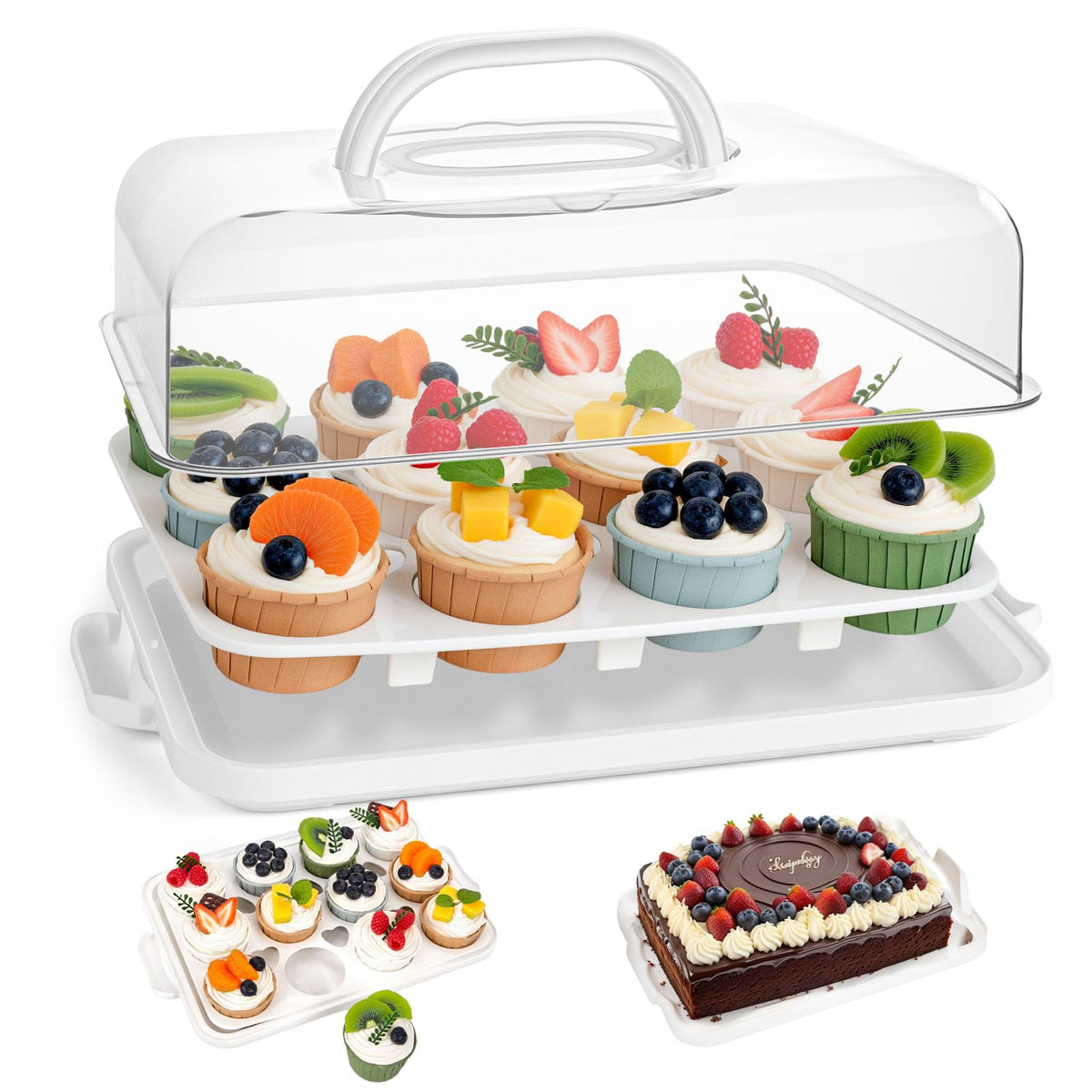 VGOODALL cake carrier with lid and handle for easy transport of 12 cupcakes.