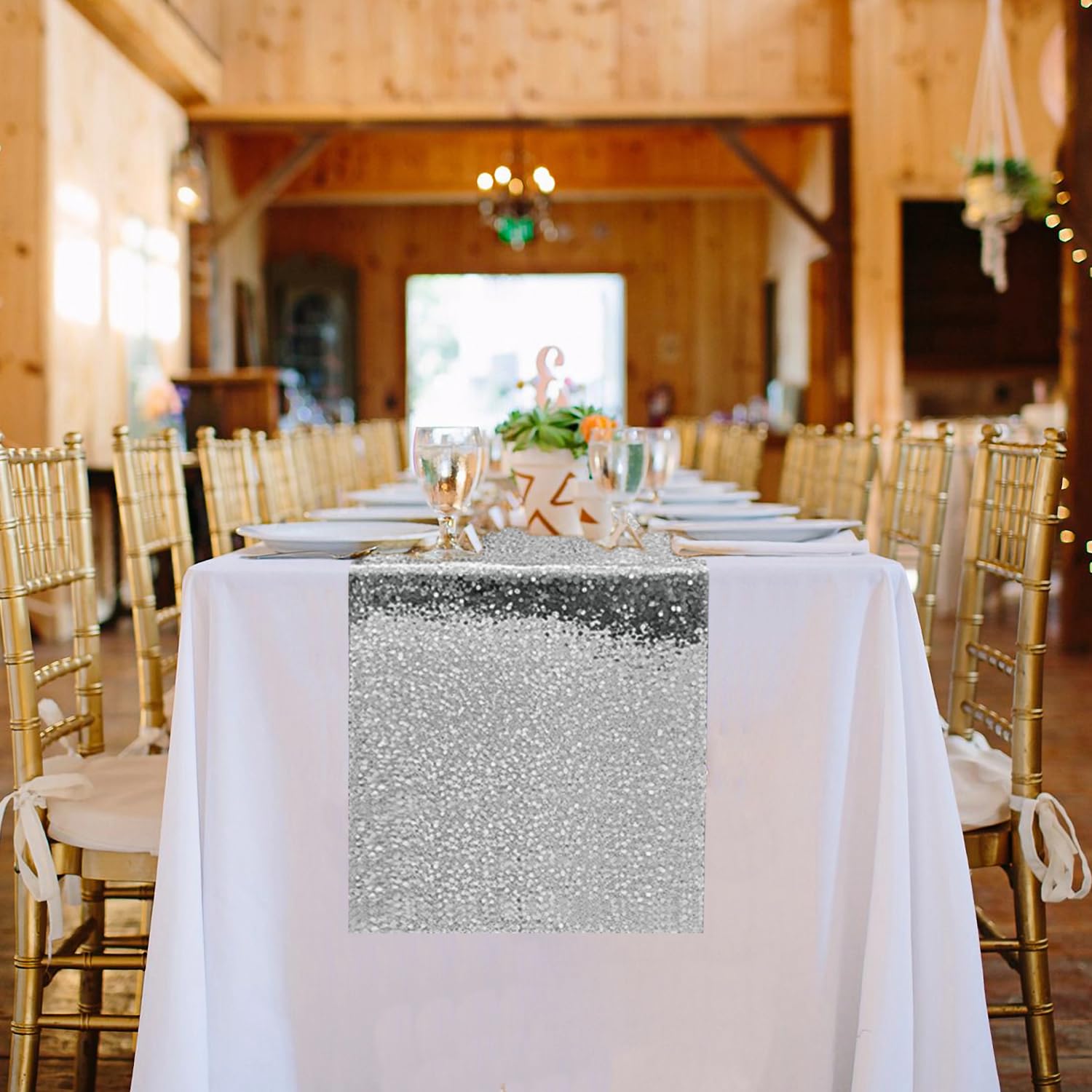 VHH candy buffet setup with silver sequin runner by VHH.