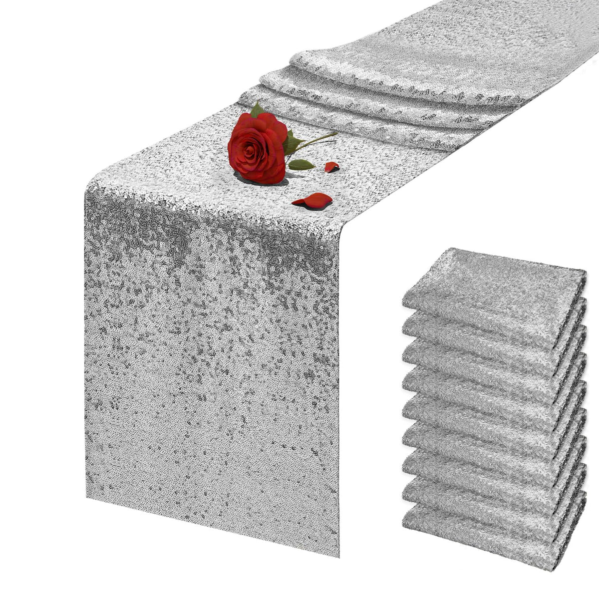 VHH silver sequin table runner, 12x72 inches, adds sparkle to celebrations.