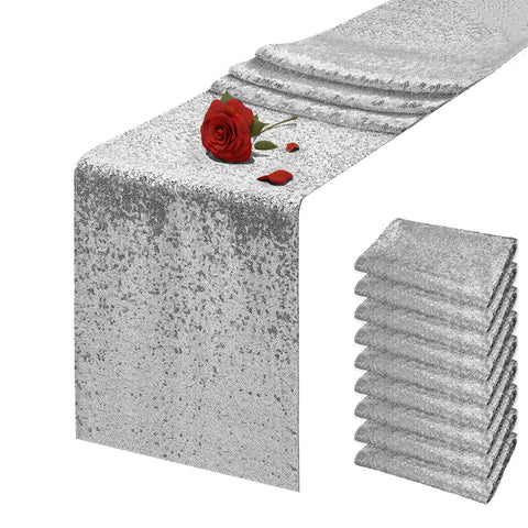 VHH silver sequin table runner, 12x72 inches, adds sparkle to celebrations.