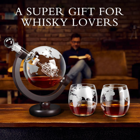 VI AI engraved world-map glasses accompany globe decanter for immersive tasting