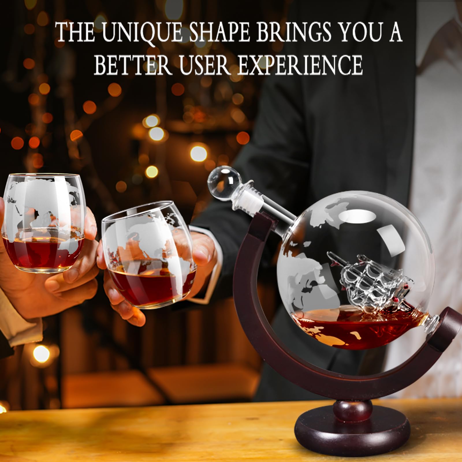 VI AI globe decanter featuring sailing boat motif, ideal for entertaining guests