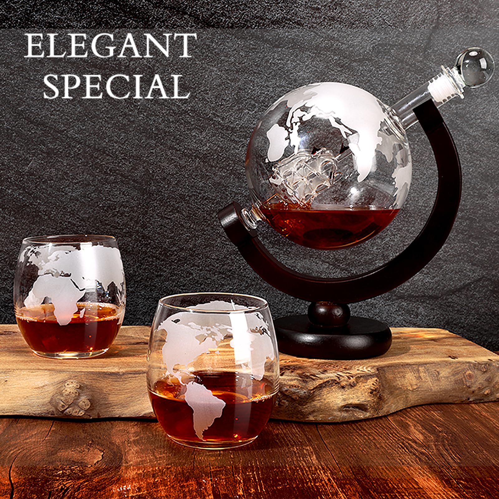 VI AI mahogany-stained tray complements the globe decanter with classic style