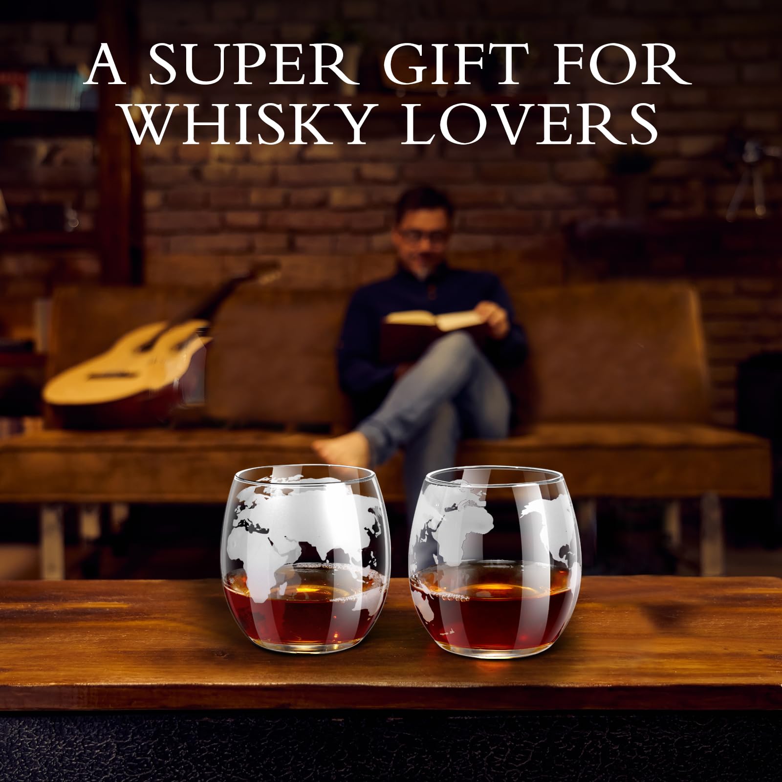 VI AI whiskey globe with continents etched, frosted finish enhances color.