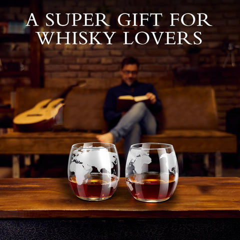 VI AI whiskey globe with continents etched, frosted finish enhances color.