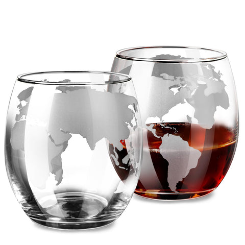VI AI whiskey globe glass with continents etched for elegant aroma.