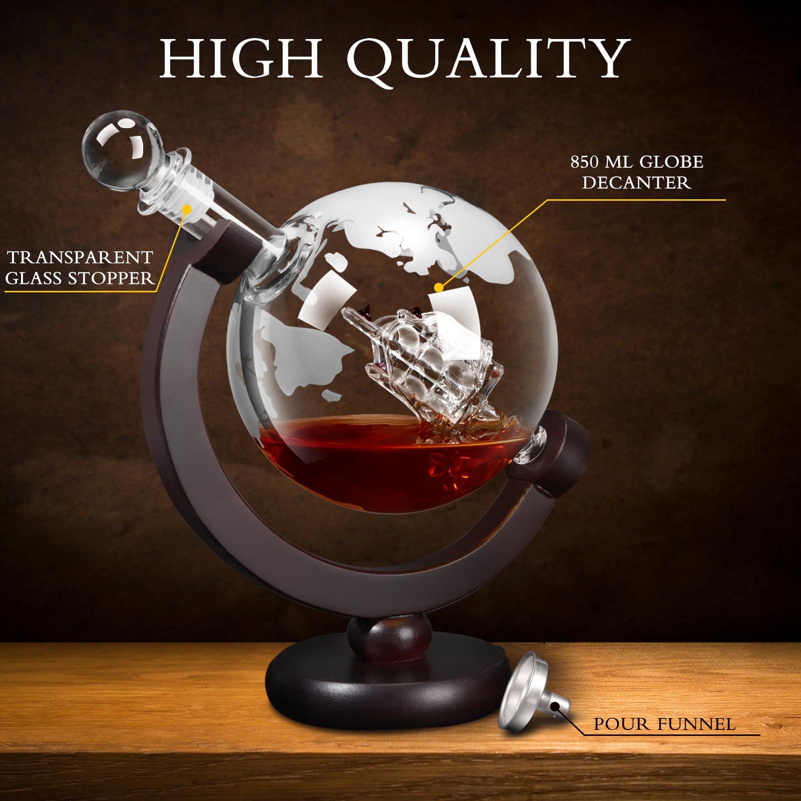 VI AI world map engraving on glass decanter adds sophistication to any pour