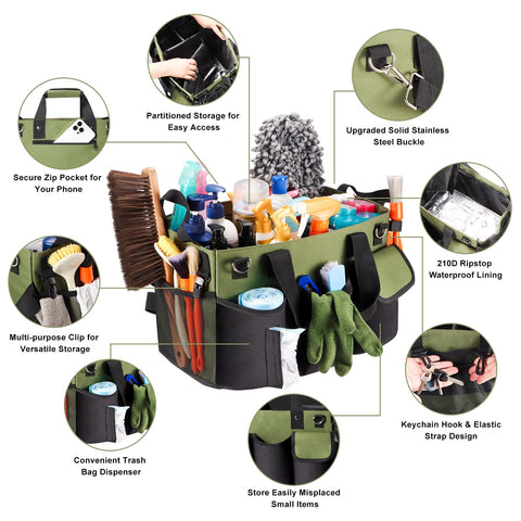 Viajero cleaning caddy showing adjustable shoulder and waist straps for comfort