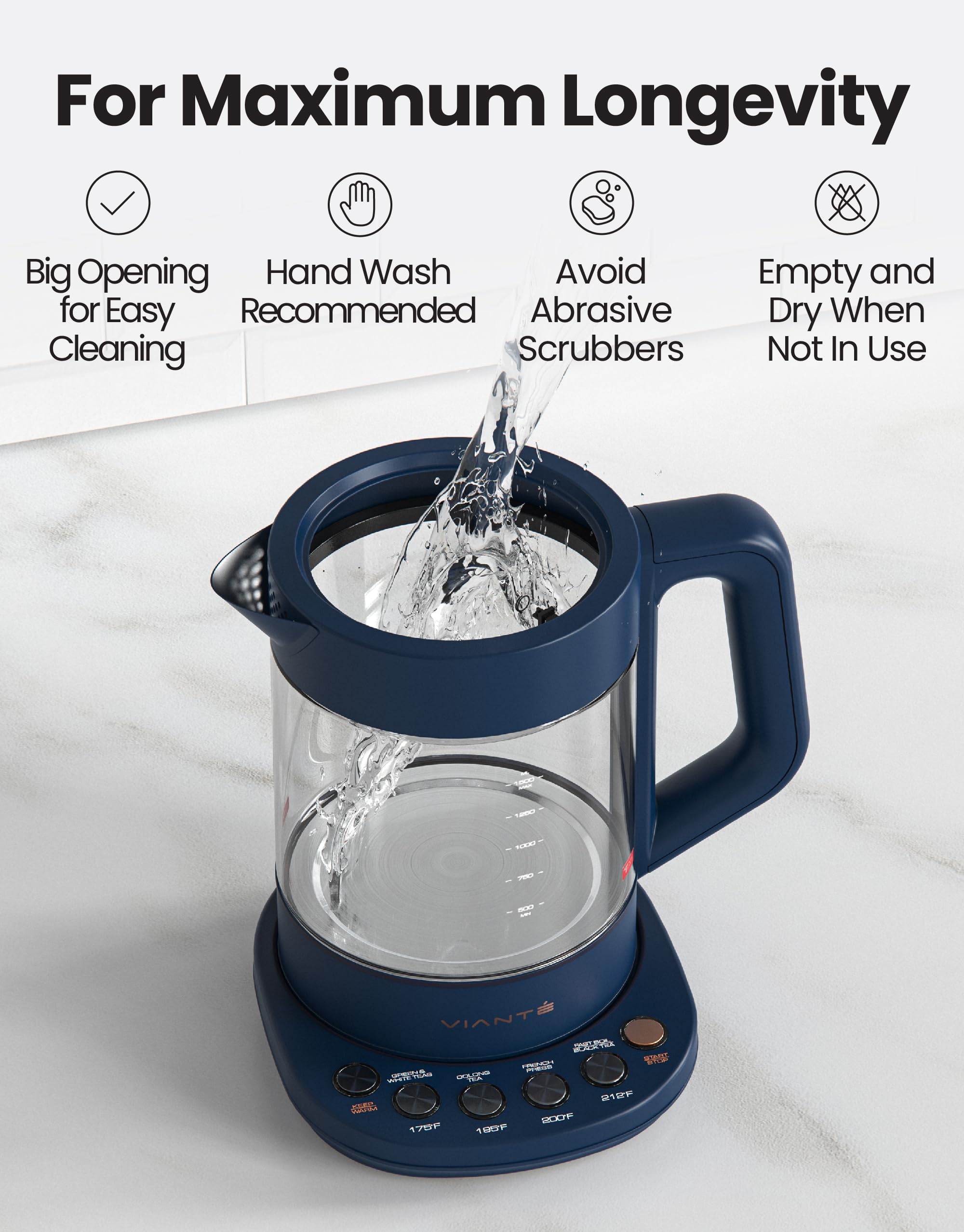 Vianté automatic shut-off enhances safety when the water reaches the target temperature.