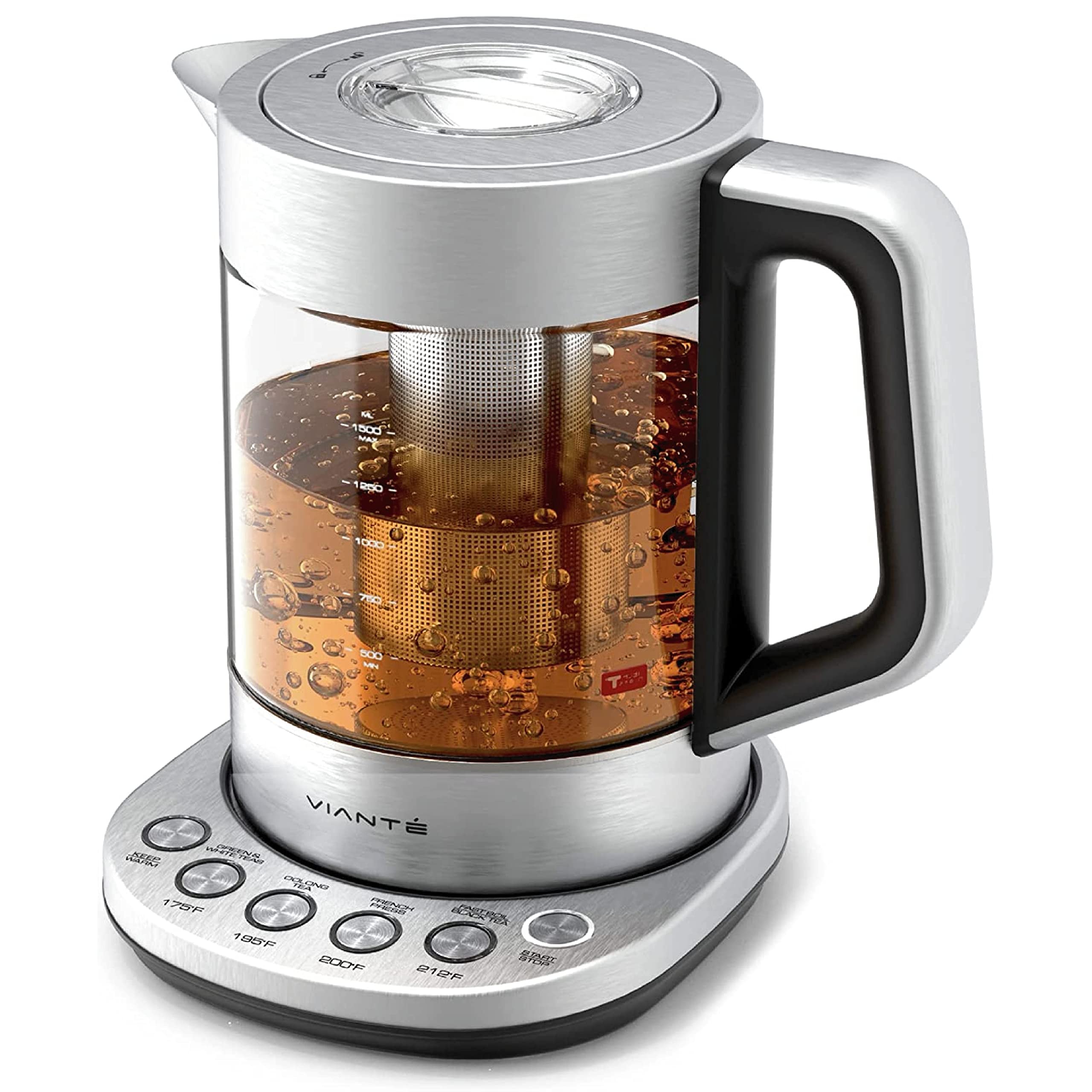 Vianté electric kettle with infuser and glass design enables precise tea brewing.