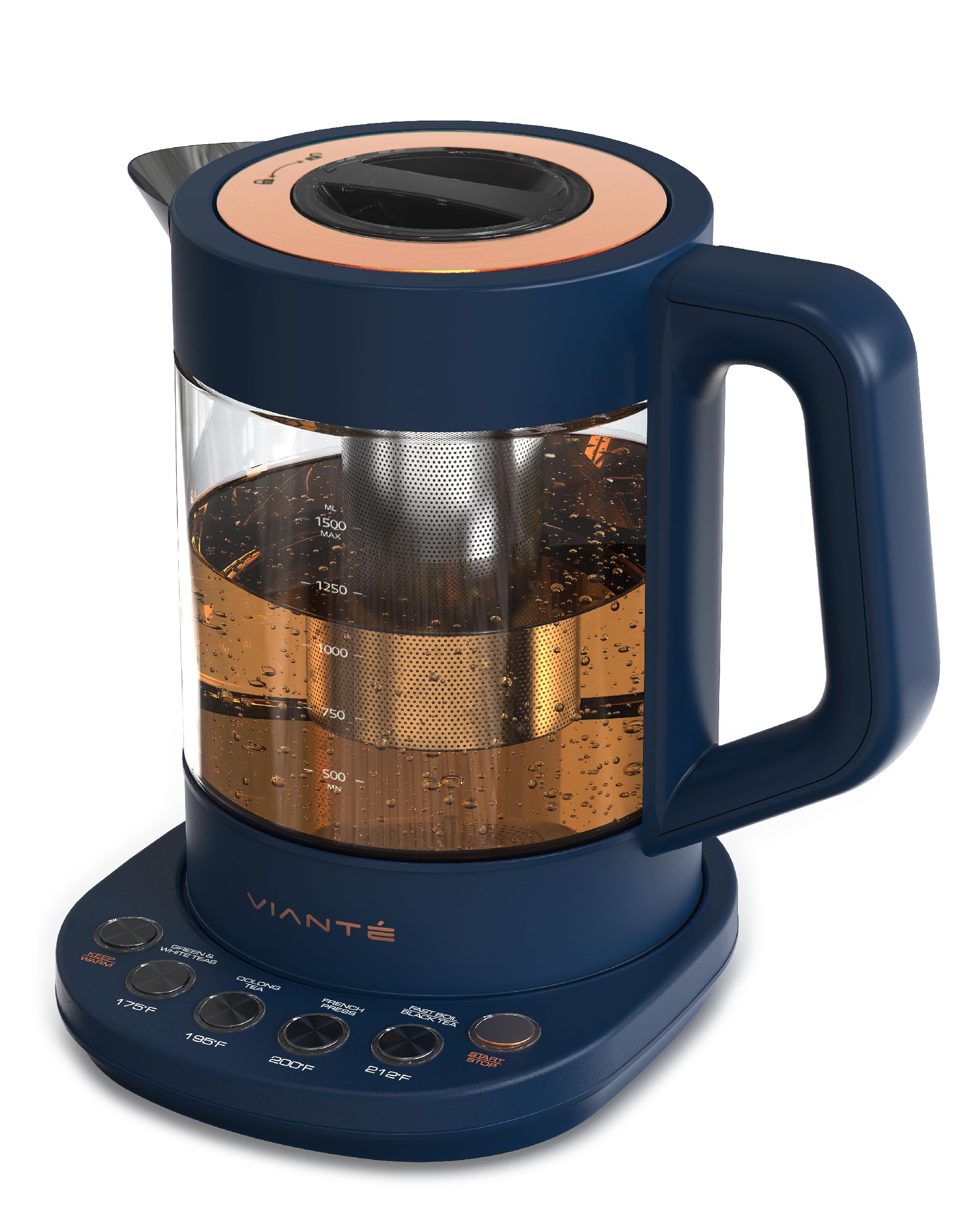 Vianté electric kettle with infuser for loose leaf tea delivers precise temperature control for flavor.