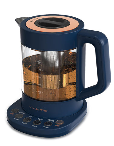 Vianté electric kettle with infuser for loose leaf tea delivers precise temperature control for flavor.
