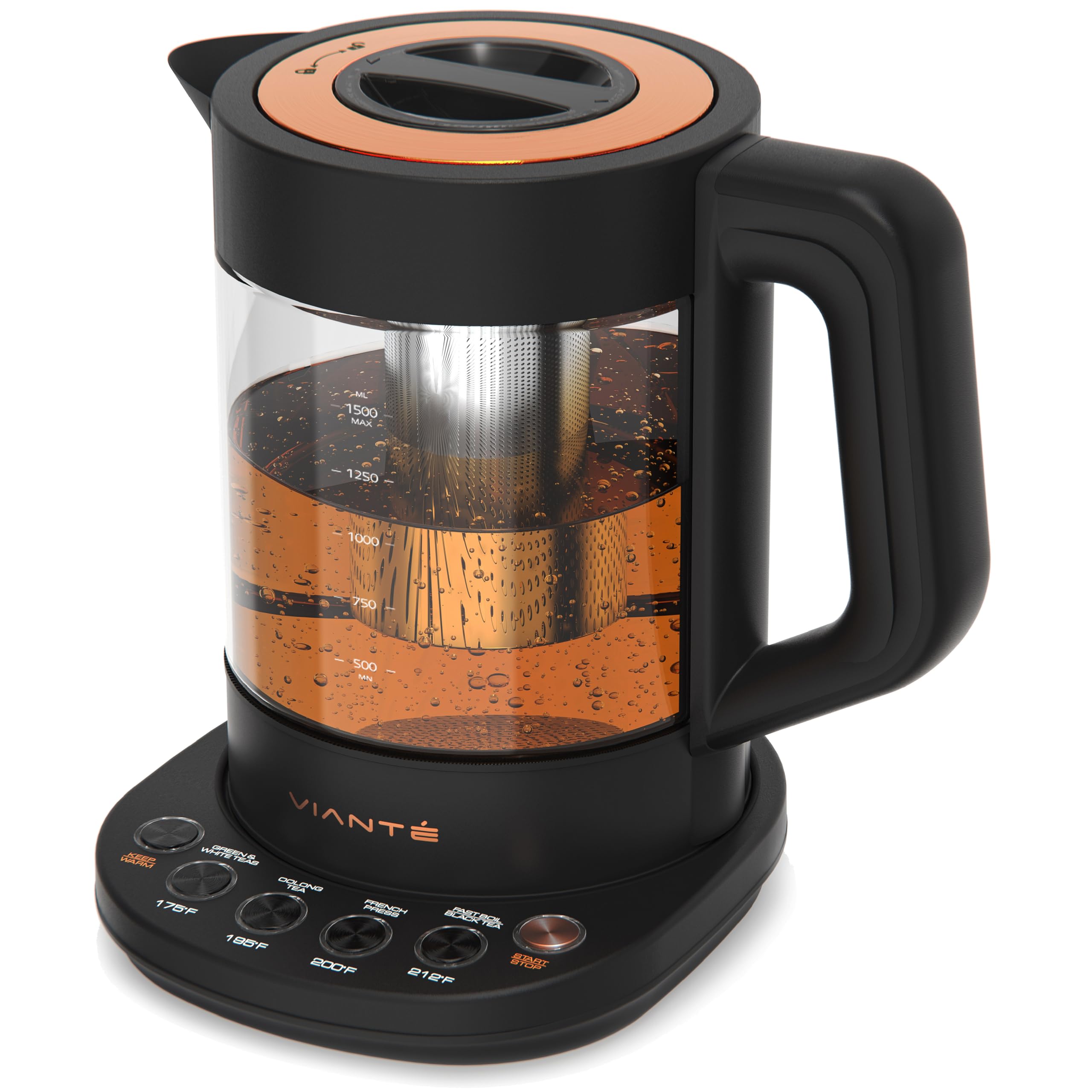 Vianté electric kettle with infuser for loose leaf tea showing clear glass body and infuser