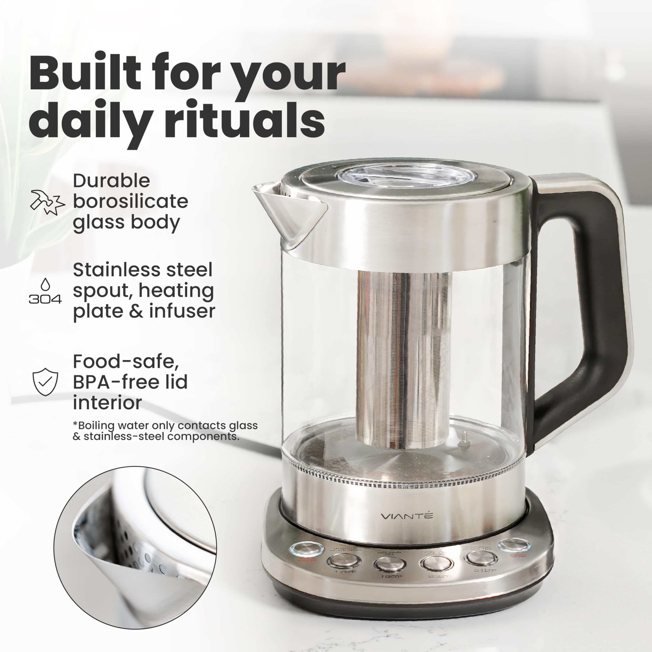 Vianté heat without infuser for French press or pour-over prep.