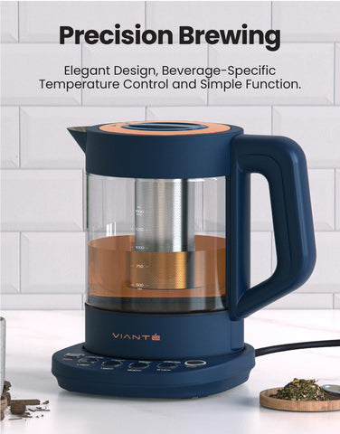 Vianté Italian design glass kettle showcases sleek aesthetics and clear water clarity.