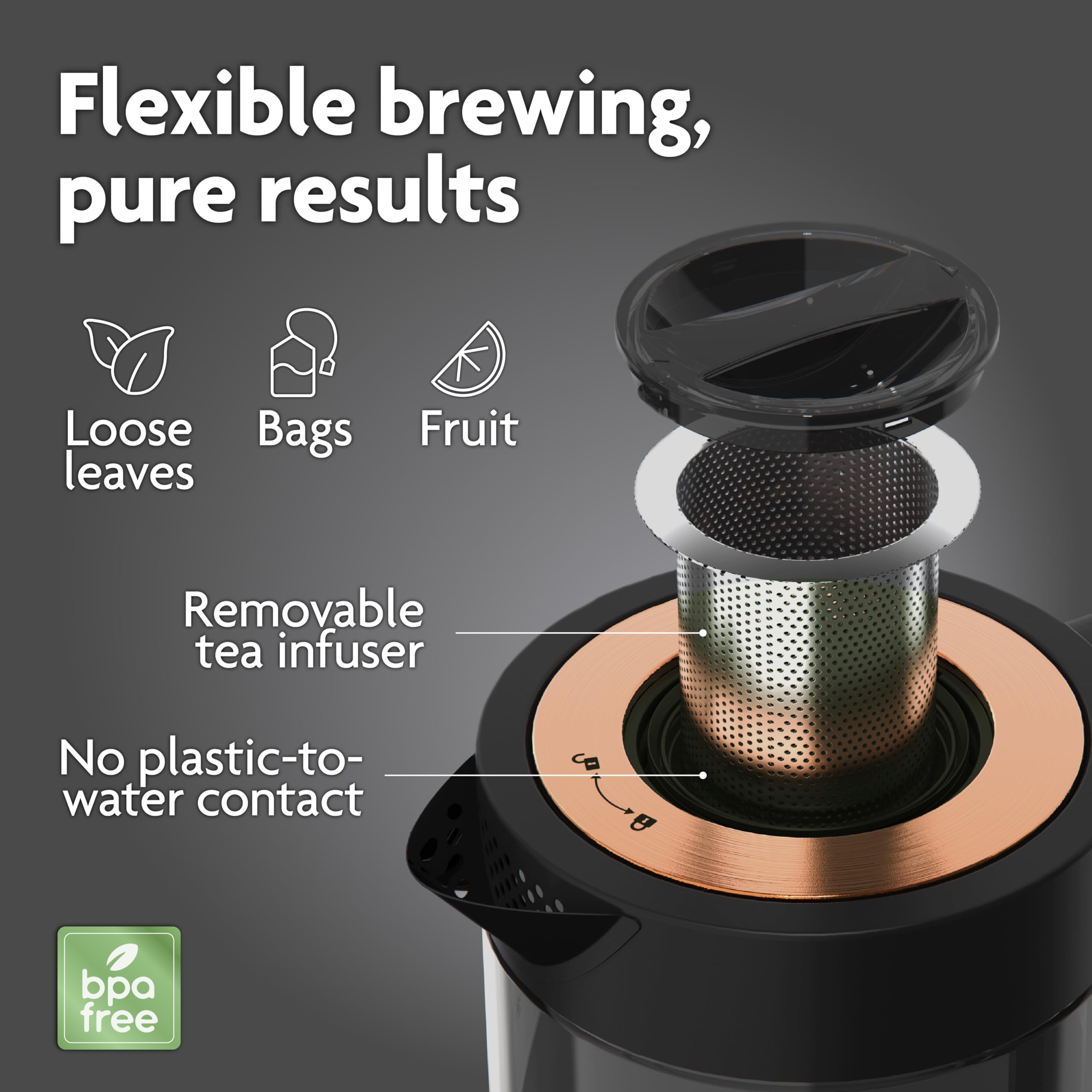 Vianté Italian-designed glass kettle close-up highlighting premium build