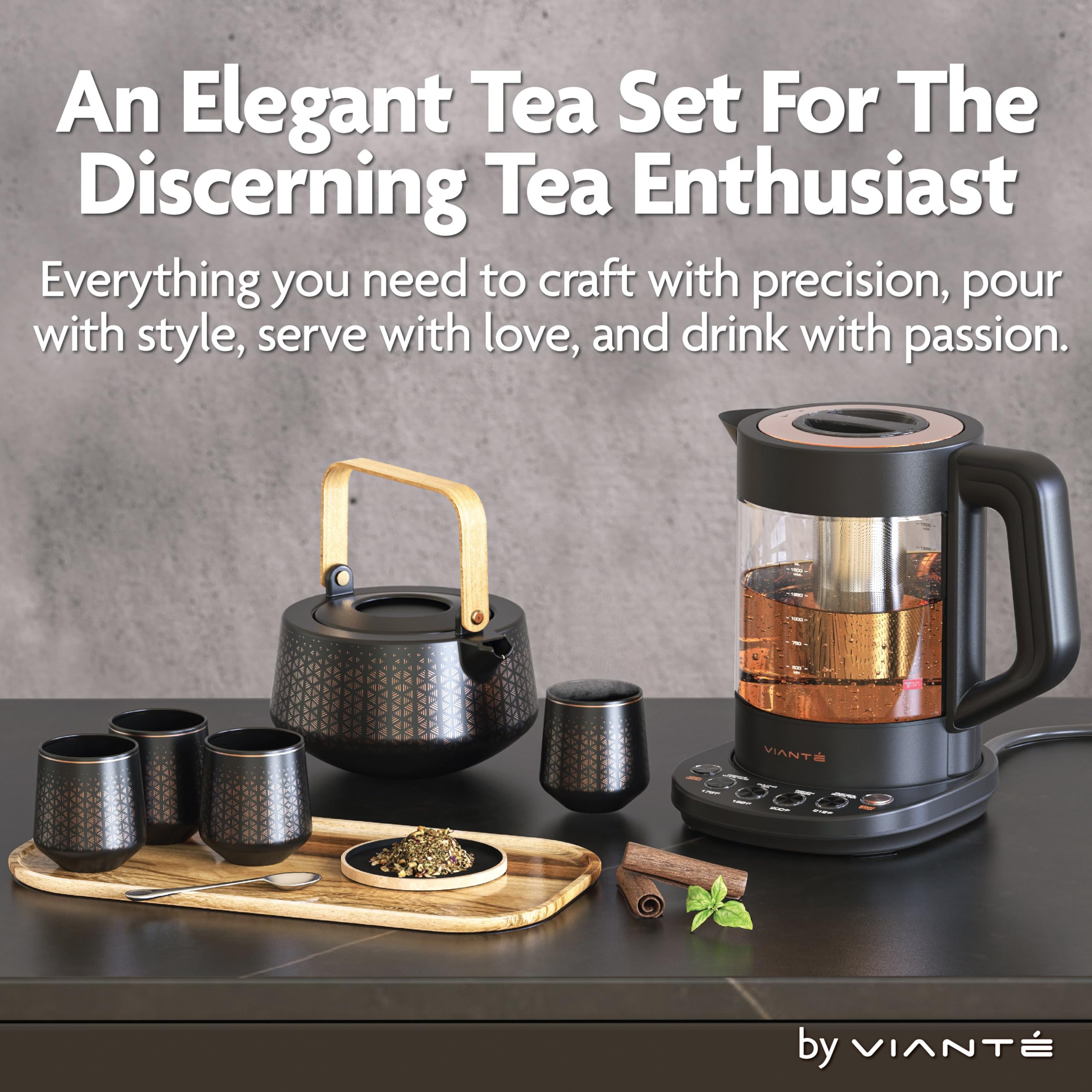 Vianté tea set with temperature presets for optimal brew
