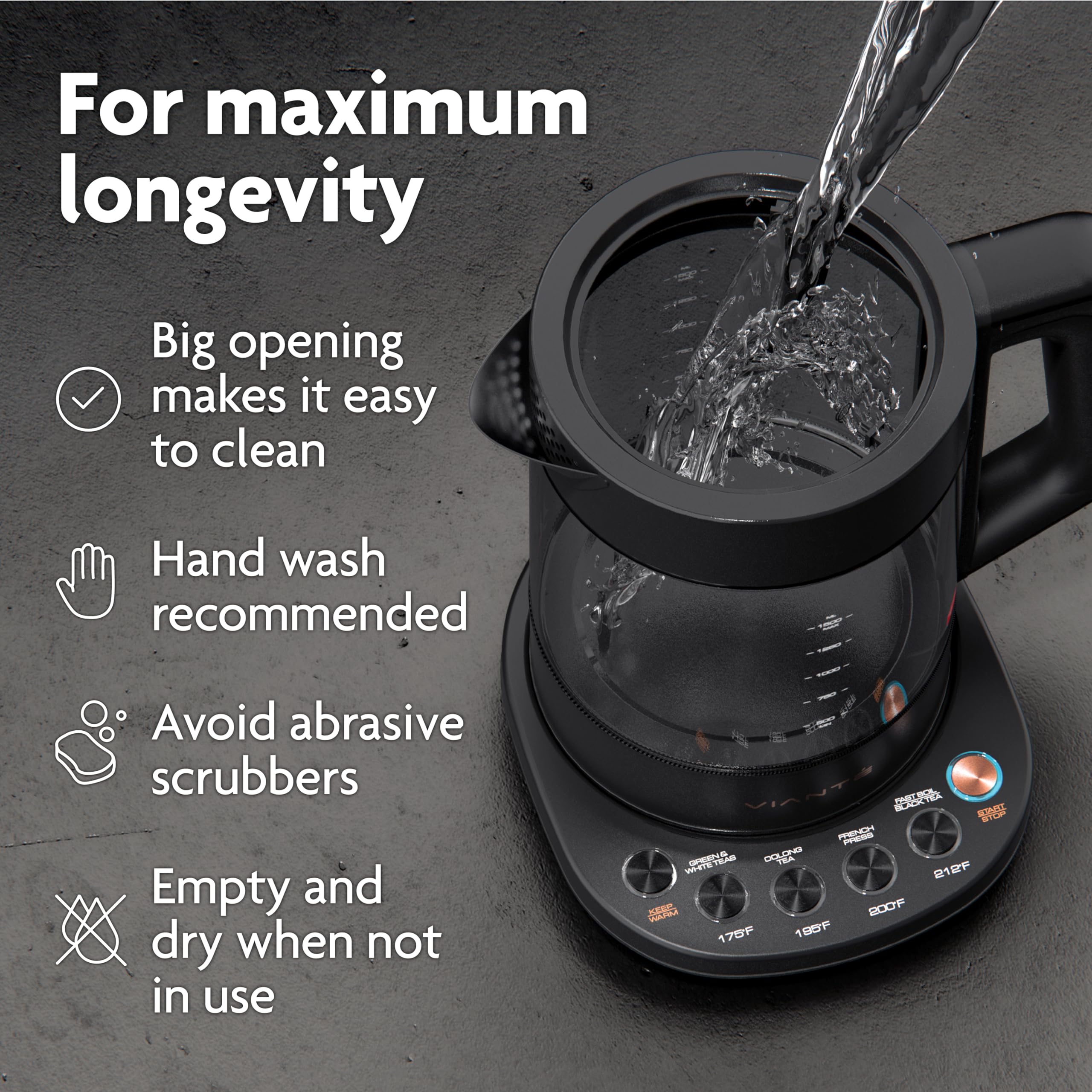 Vianté programmable brew settings for white, green, oolong, black tea
