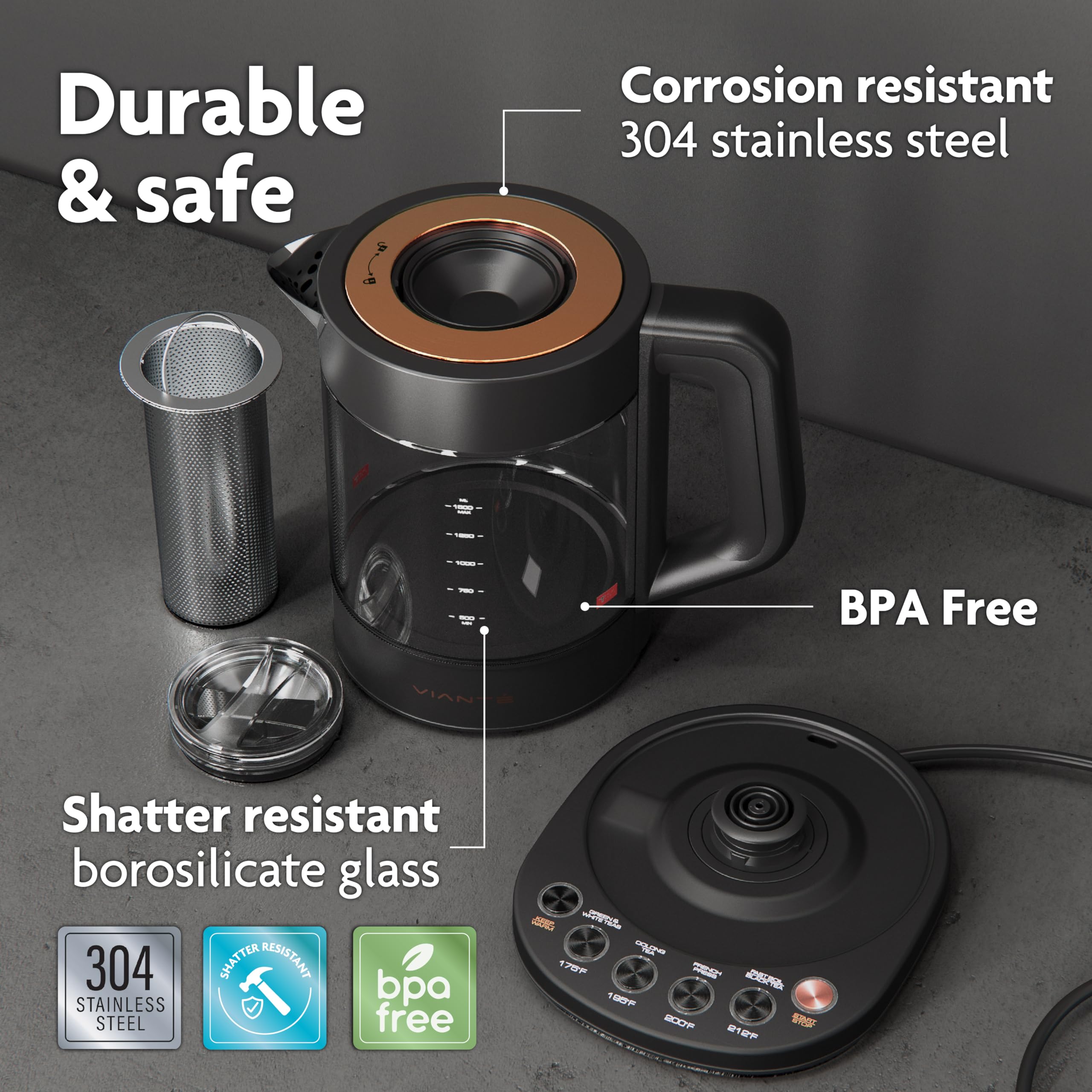 Vianté stainless steel and borosilicate glass construction for durability