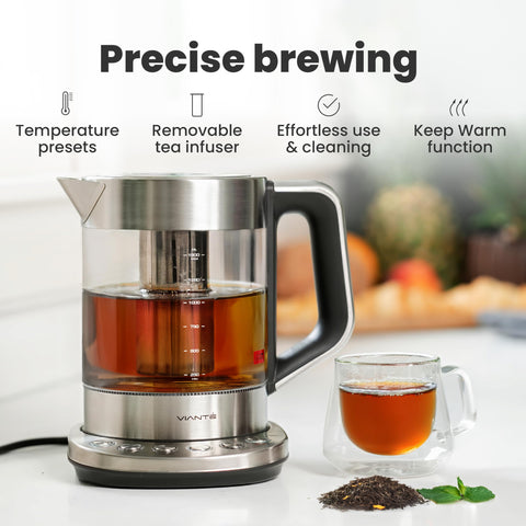 Vianté temperature control dial shows customizable heat levels for teas.
