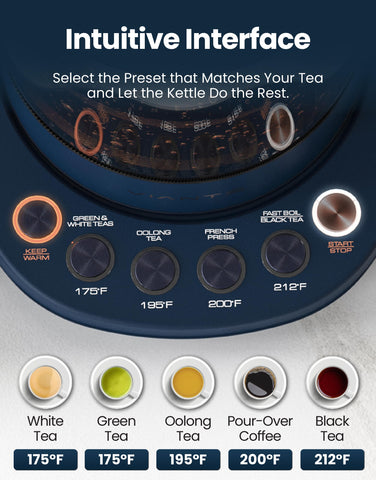Vianté temperature control lets white, green, oolong, and black teas brew just right.