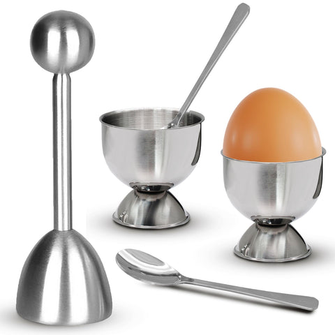 Vibedor egg cups set in stainless steel for stable soft boiled egg servings.