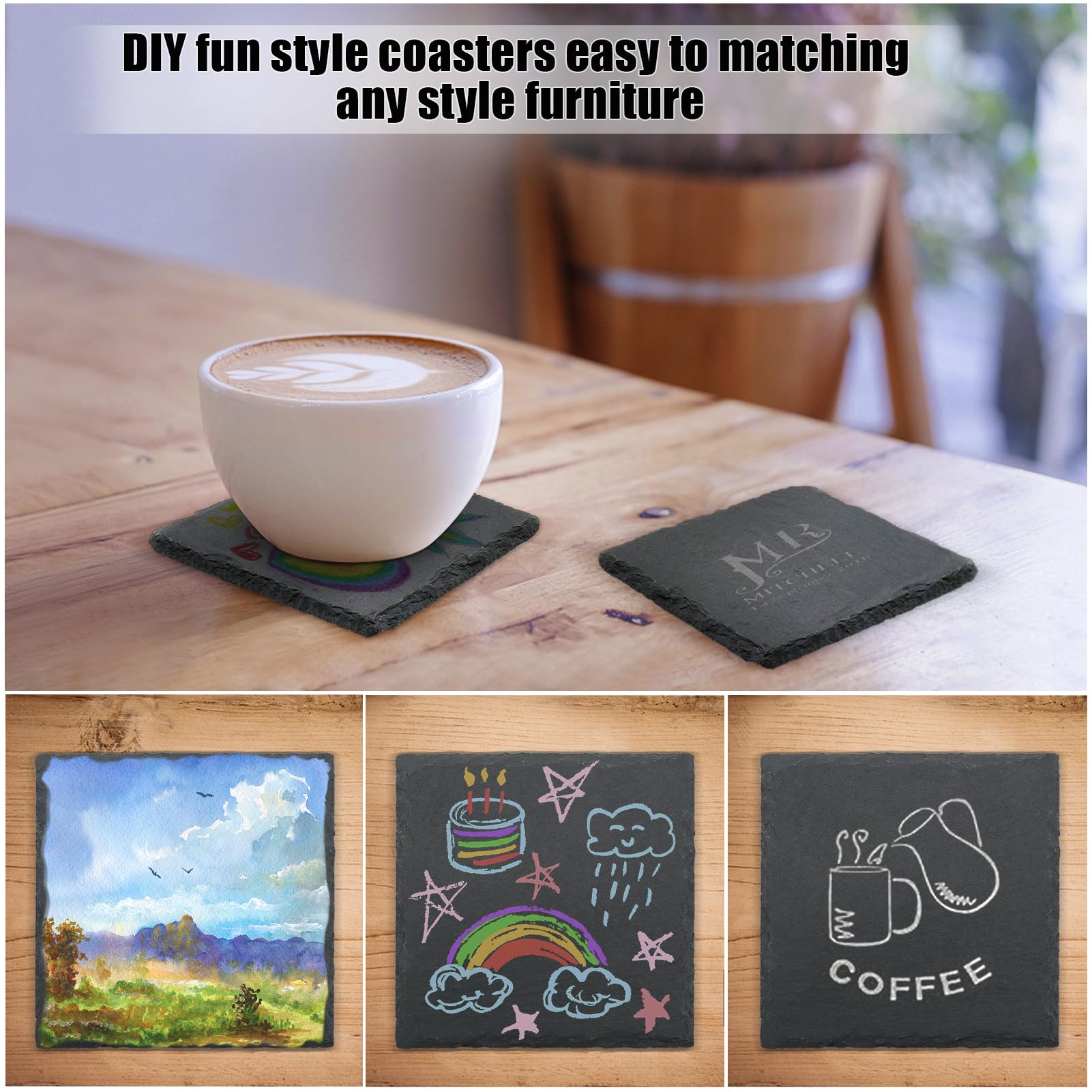 VIBRATITE easy-to-clean slate coasters wipe clean after use.