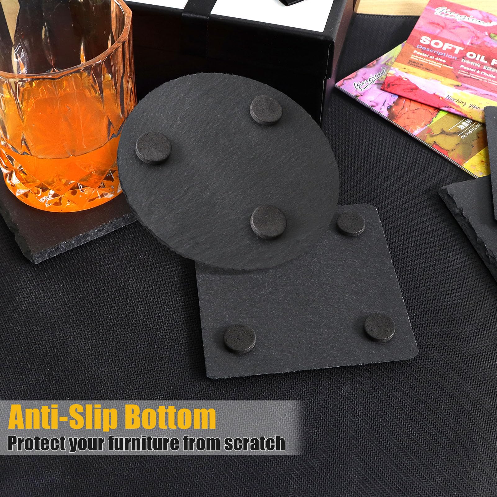 VIBRATITE slate coasters with laser engraving for personalized gifts.