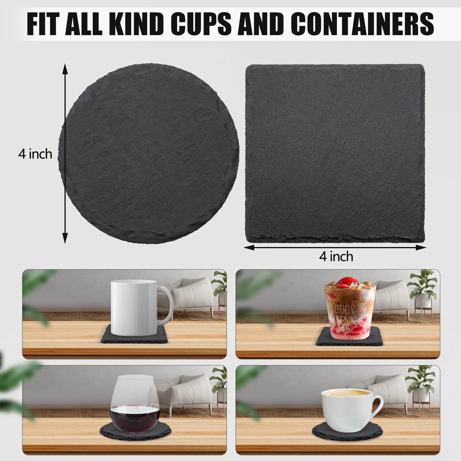 VIBRATITE round slate coasters guard surfaces while adding contemporary style.