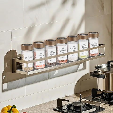 VIBRATITE spice jars arranged on open kitchen shelves