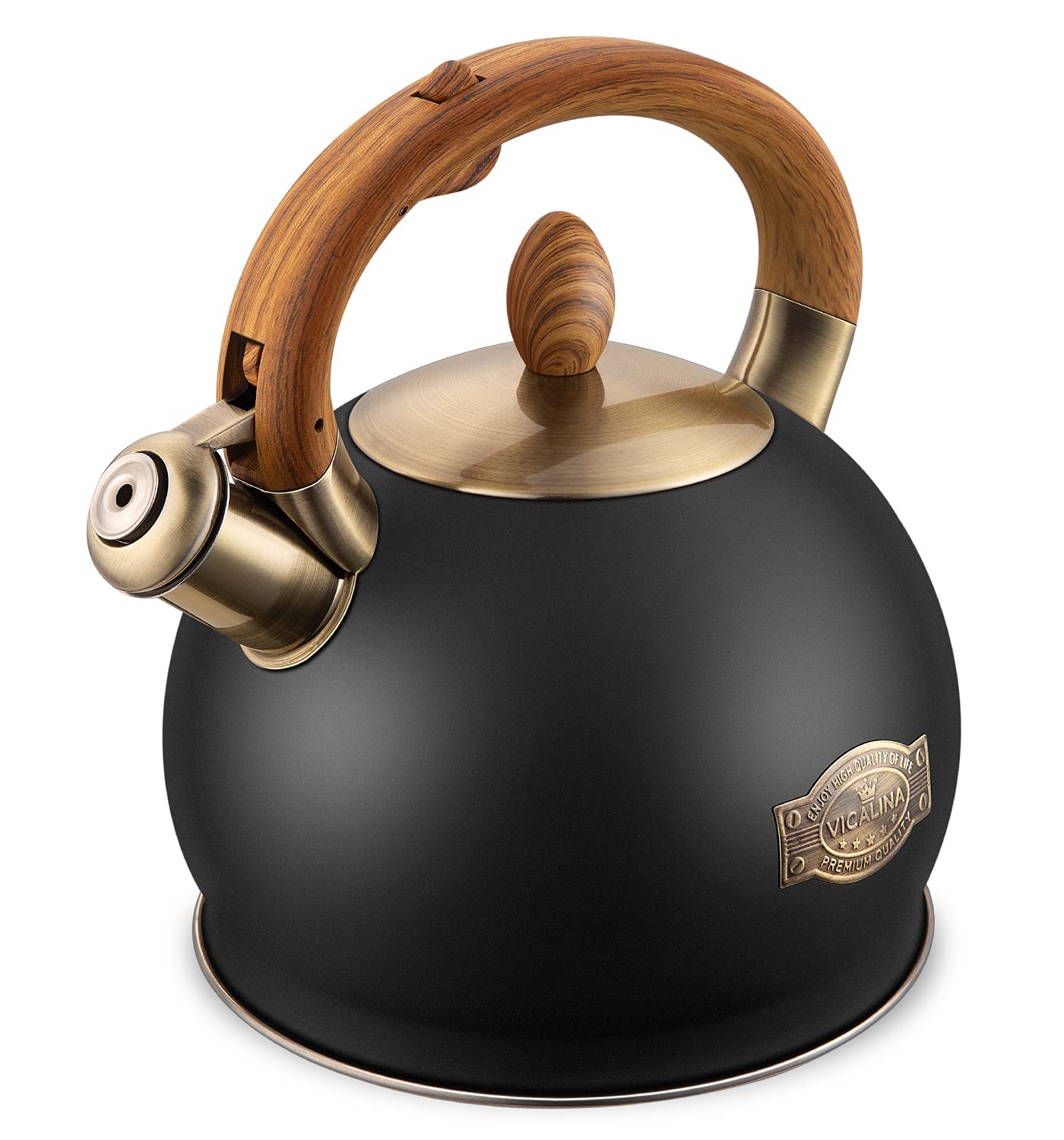 VICALINA tea kettle in polished black, front view with cool-touch handle for safe pouring.