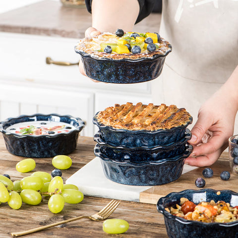 Vicrays 6-pack ceramic pie pans stack neatly for easy storage.
