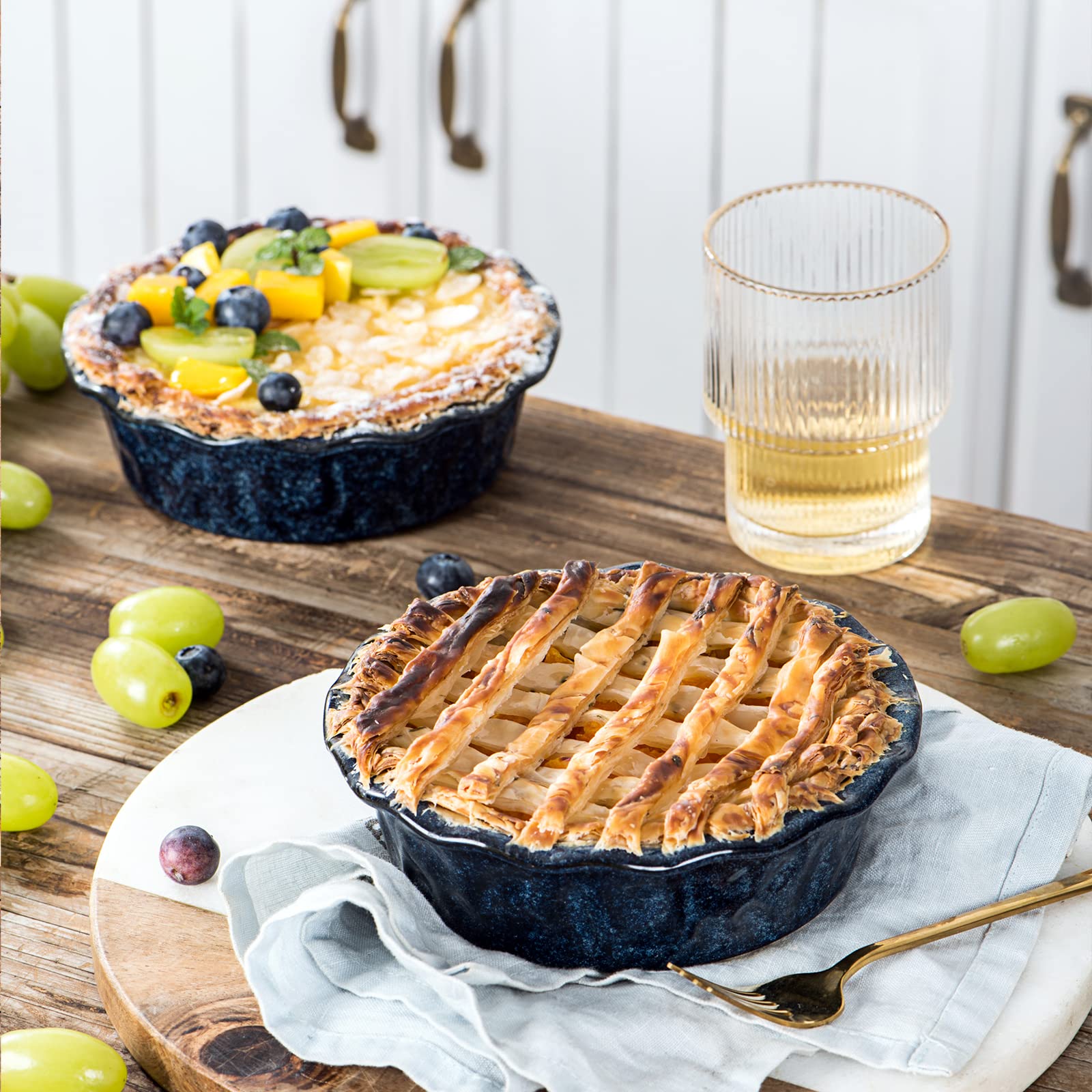 Vicrays blue ceramic pan ideal for apple, peach, or blueberry pies.