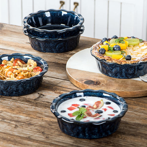 Vicrays blue glaze pie pan adds color to your bakeware collection.