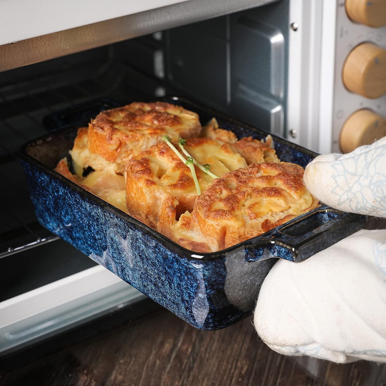 Vicrays reactive glaze dish showcased as decorative oven-safe bakeware