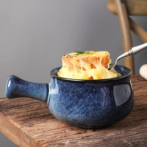 vicrays Four blue onion soup bowls set for family meals and gatherings