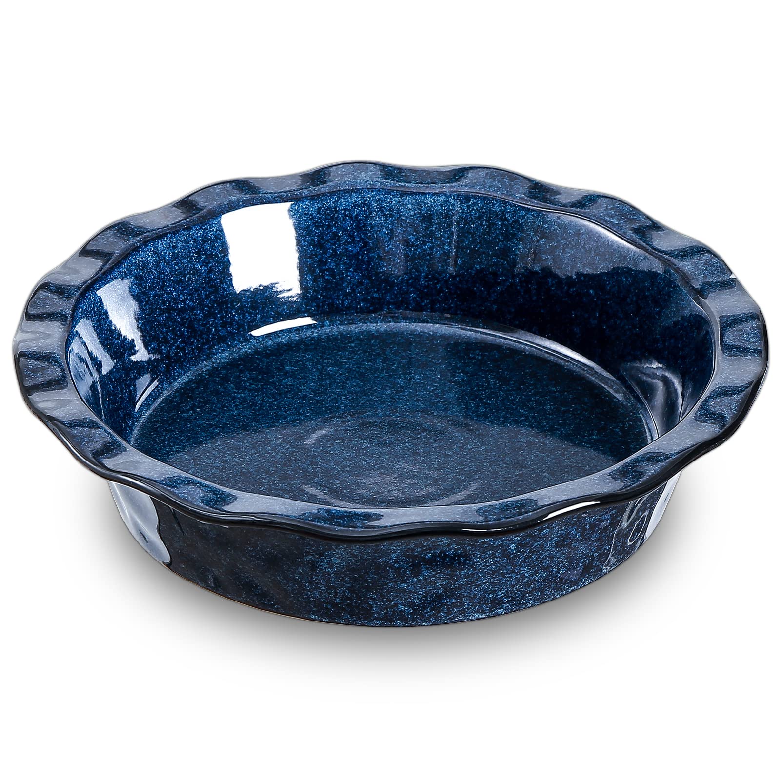Vicrays starry blue ceramic pie pan highlighting reactive glaze for eye-catching pies.