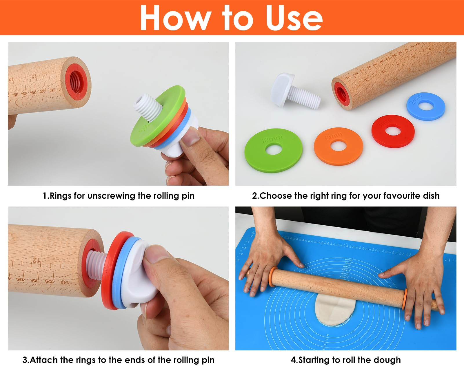 Victhur rolling pin dough thickness options set from 1/16 to 3/8 inch.