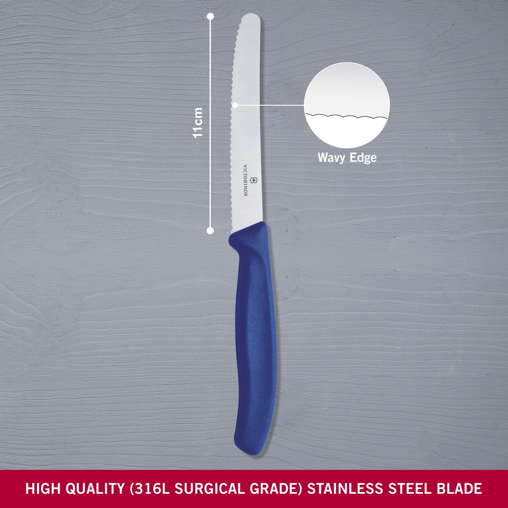 Victorinox 6.7832 blade slices tomato skin effortlessly with serrated edge.