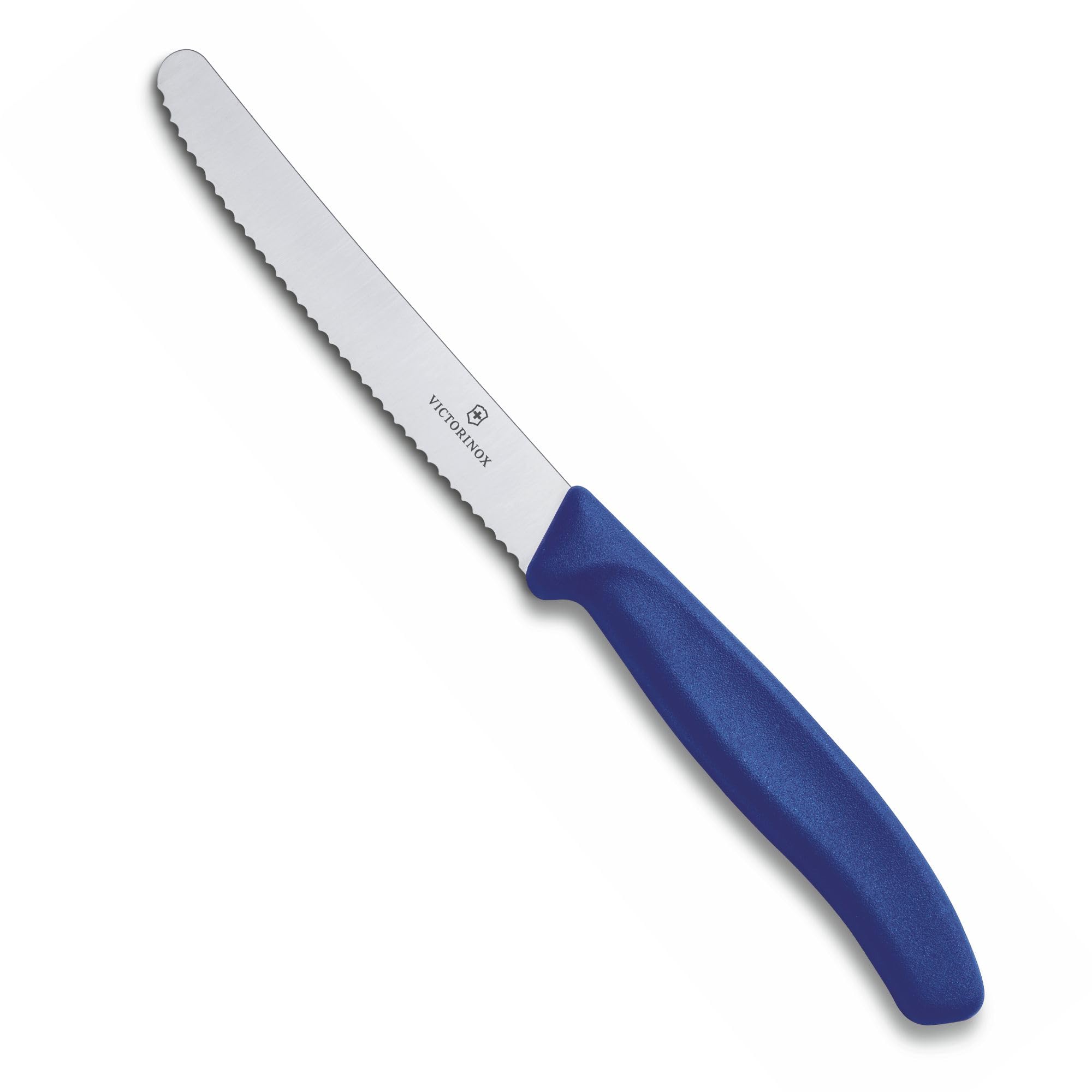 Victorinox Swiss Classic tomato knife with blue handle for precise, clean cuts.
