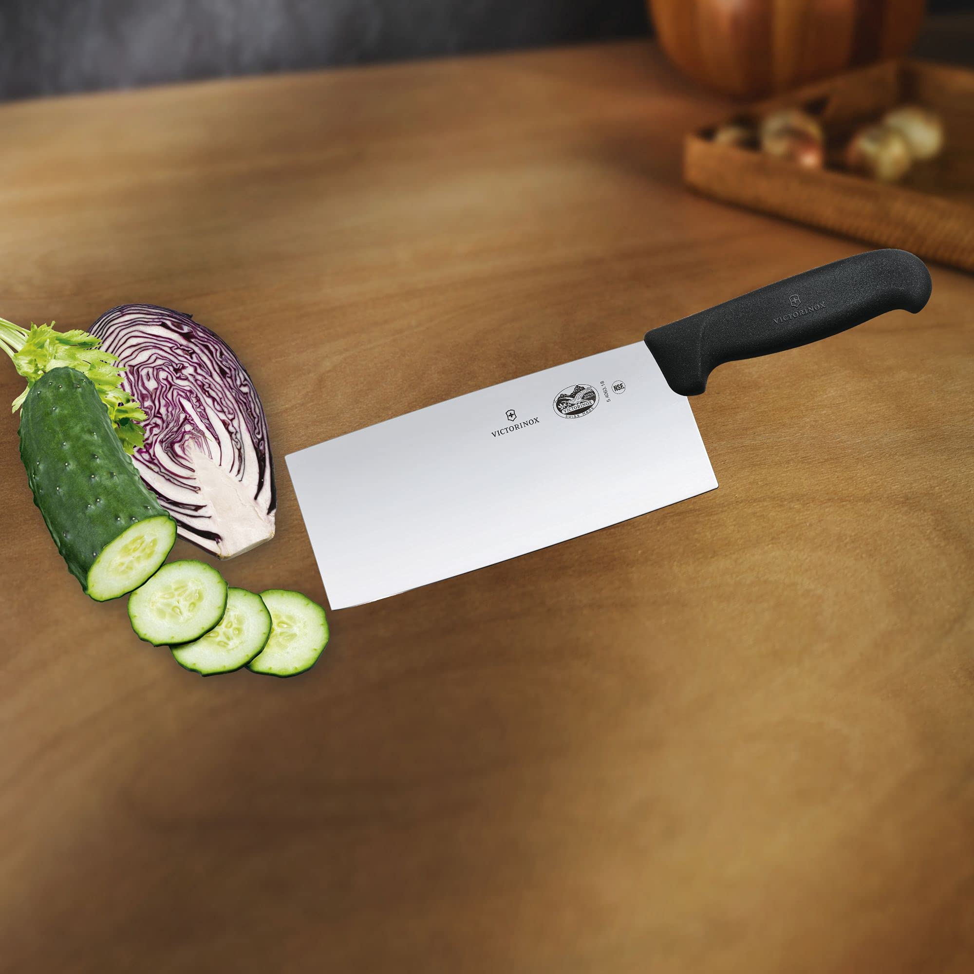 Victorinox Chinese Chef Knife Fibrox handle offers secure grip during extended prep