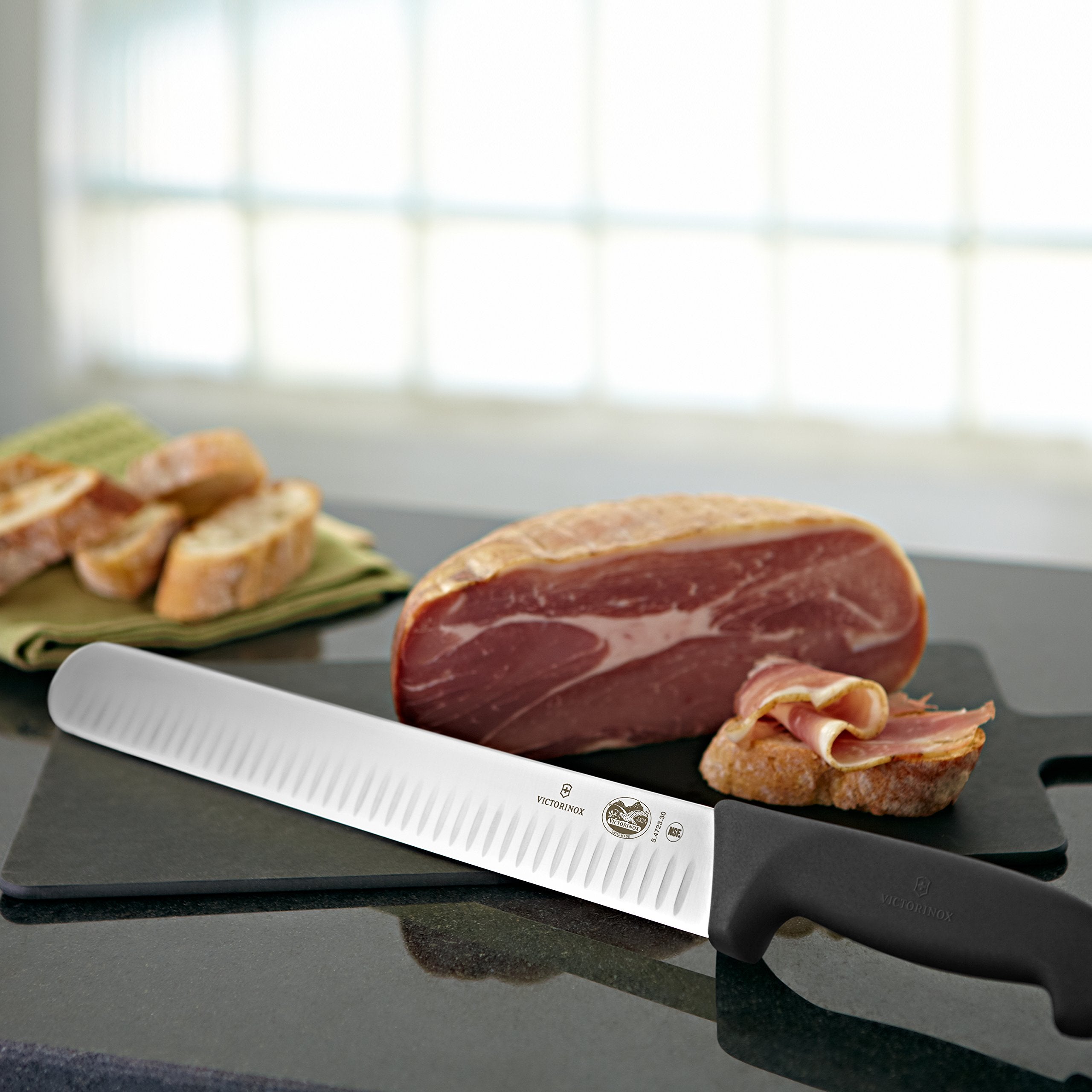 Victorinox Fibrox knife close-up on black handle for comfortable control